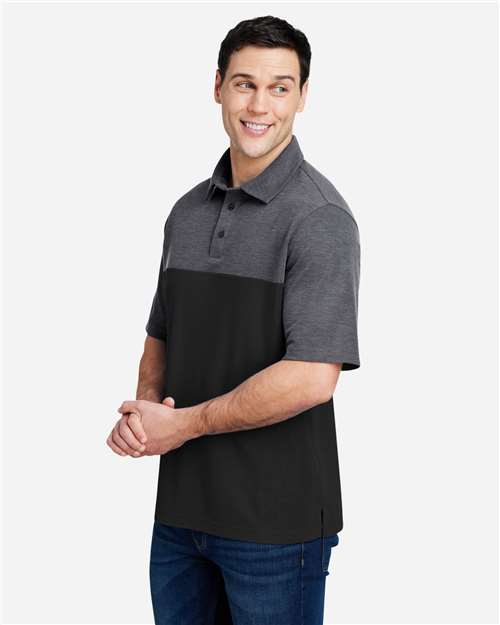 Left View of Black/ Carbon Heather Men's Fusion ChromaSoft™ Colorblock Polo - CE112C