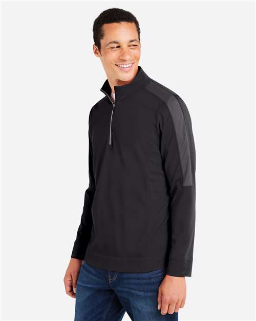 Left View of Black/ Carbon Men's Market Snag Protect Mesh Colorblock Quarter-Zip Pullover - CE404