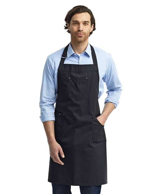 Front View of Black Cotton Chino Bib Apron with Pocket - RP132