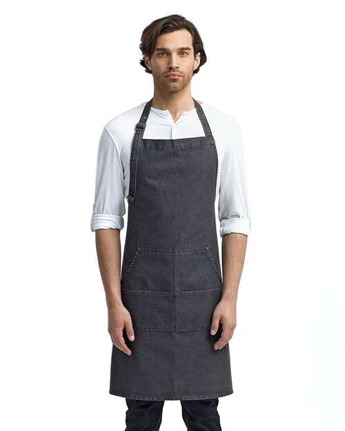 Front View of Black Denim Jeans Stitch Denim Bib Apron with Pockets - RP126