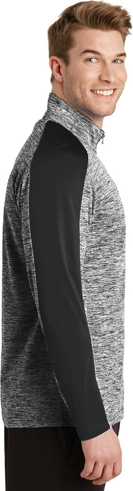 Black El/Black Sport-Tek PosiCharge Electric Heather Colorblock 1/4-Zip Pullover. ST397