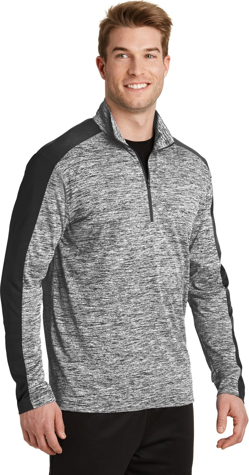 Black El/Black Sport-Tek PosiCharge Electric Heather Colorblock 1/4-Zip Pullover. ST397