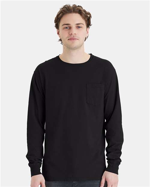 Front View of Black Garment-Dyed Long Sleeve T-Shirt With a Pocket - GDH250