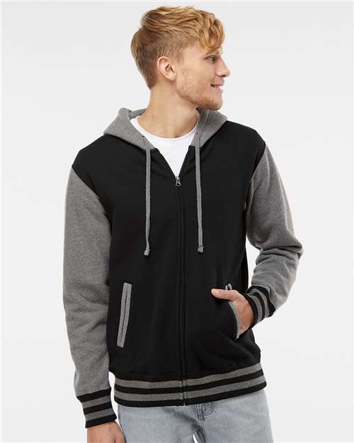 Black/ Gunmetal Heather Heavyweight Varsity Full-Zip Hooded Sweatshirt - IND45UVZ