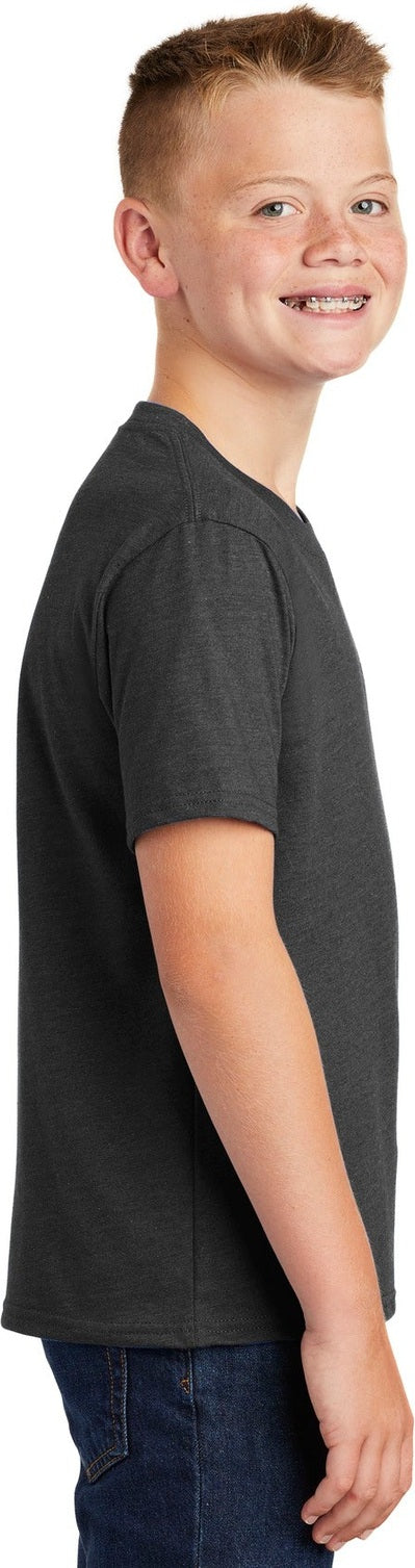 Front View of Black Hthr Port & Co Youth Fan Favorite Blend Tee. PC455Y