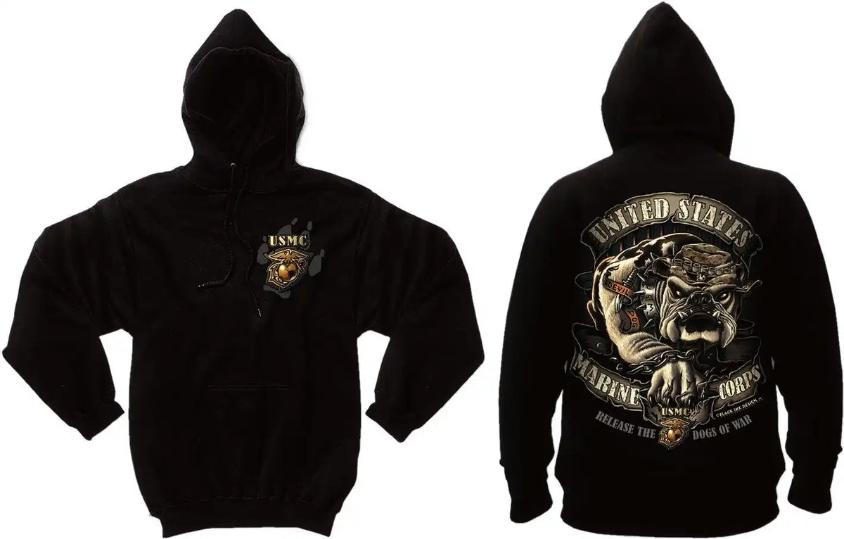 Black Ink U.s.m.c. Bulldog Hooded Pullover Sweatshirt