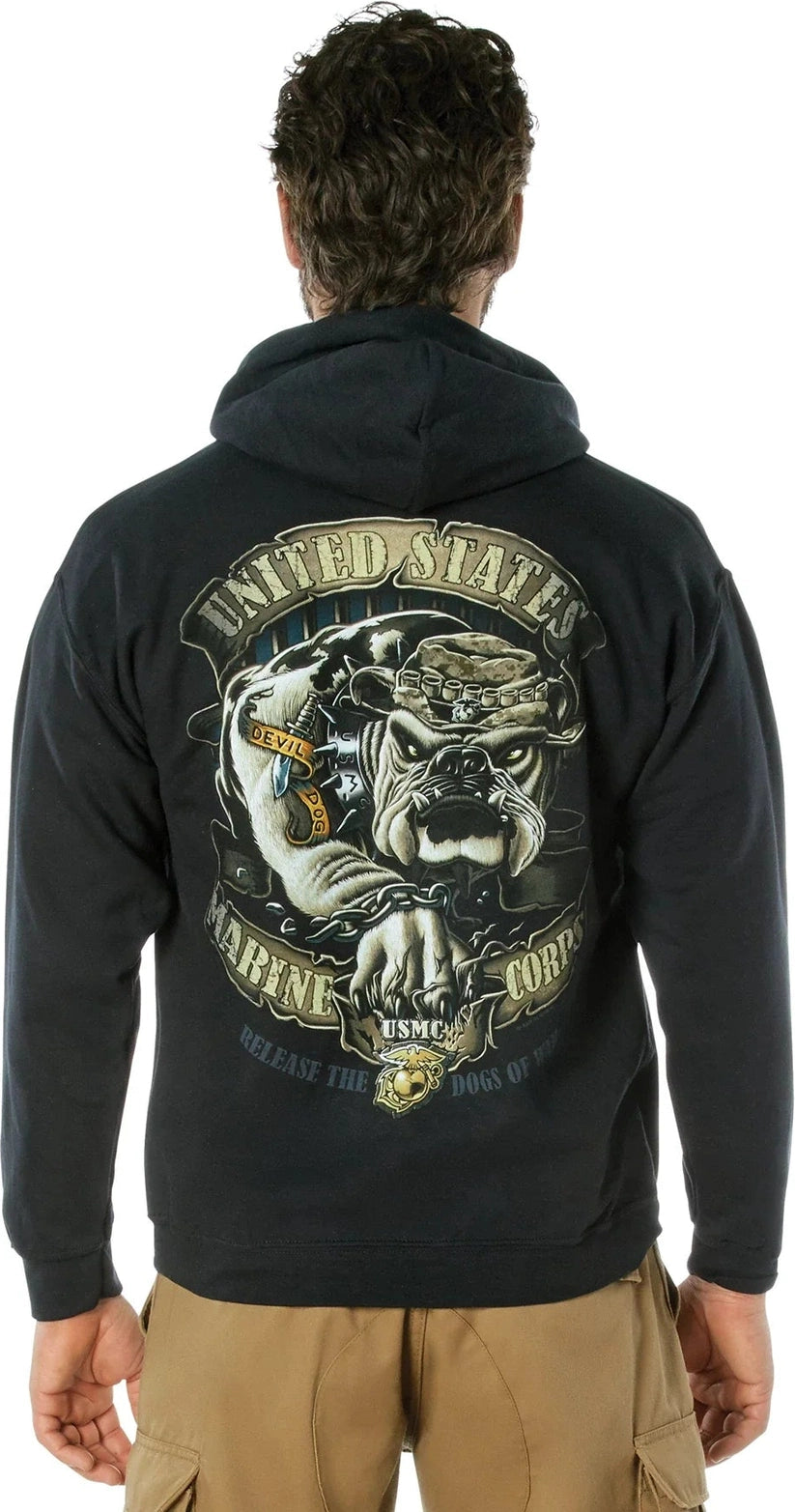Black Ink U.s.m.c. Bulldog Hooded Pullover Sweatshirt