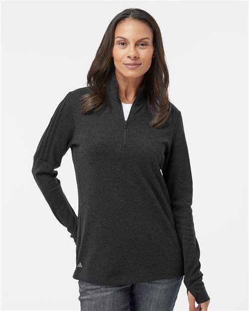 Black Melange Women&#39;s 3-Stripes Quarter-Zip Sweater - A555