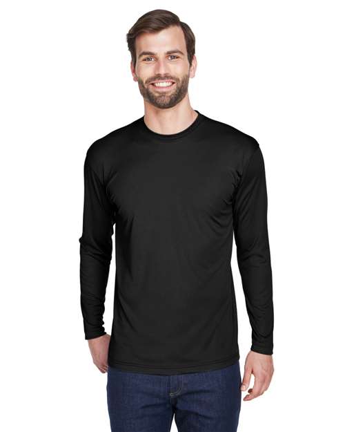 Front View of Black Men's Cool & Dry Sport Long Sleeve Performance Interlock T-Shirt - 8422
