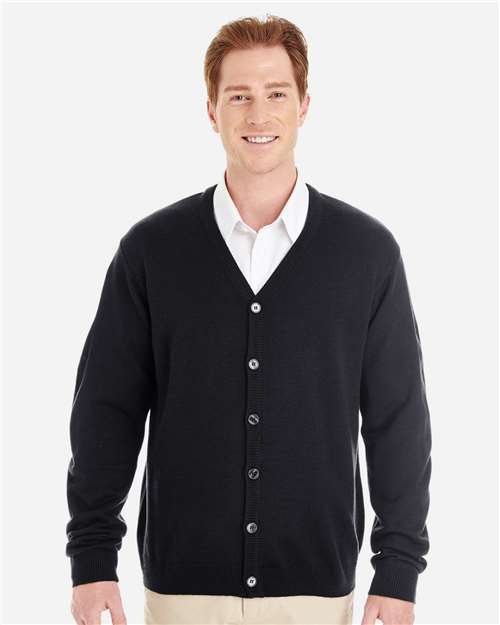 Front View of Black Men's Pilbloc™ V-Neck Button Cardigan Sweater - M425