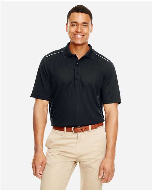 Front View of Black Men's Radiant Performance Piqué Polo with Reflective Piping - 88181R