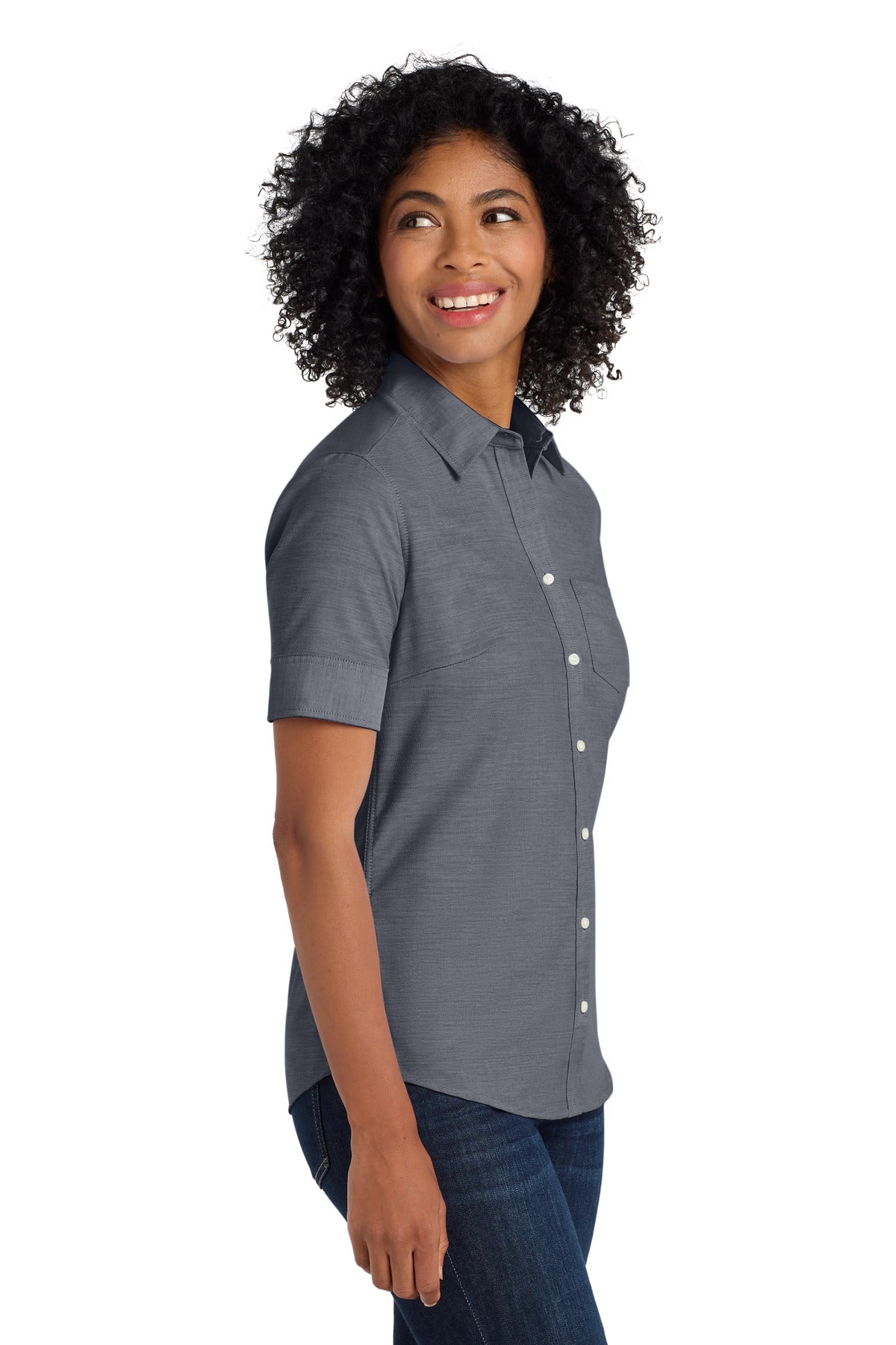 Black Port Authority Women's Short Sleeve SuperPro Oxford Shirt. L659