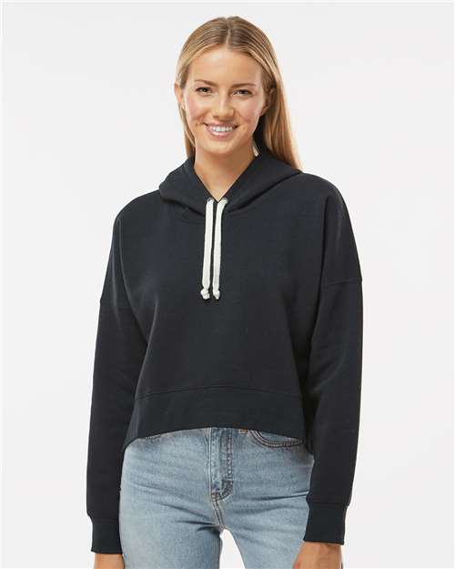 Black Solid Women&#39;s Crop Hooded Sweatshirt - 8853