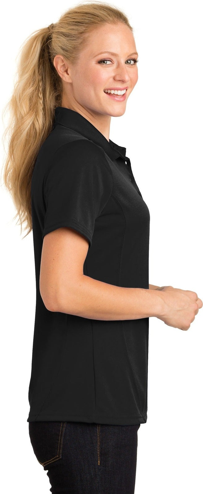Black Sport-Tek Women's Dry Zone Raglan Accent Polo. L475