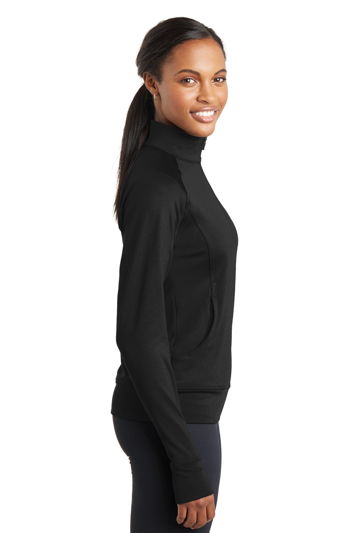 Black Sport-Tek Women's NRG Fitness Jacket. LST885