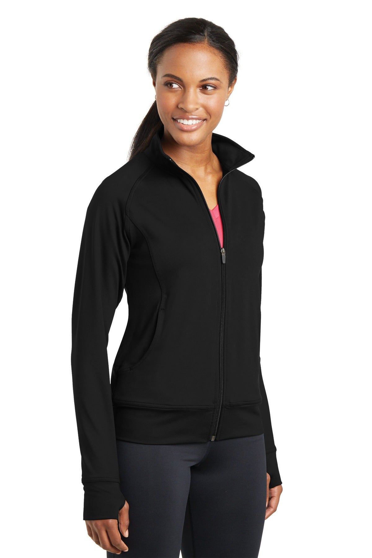 Black Sport-Tek Women's NRG Fitness Jacket. LST885
