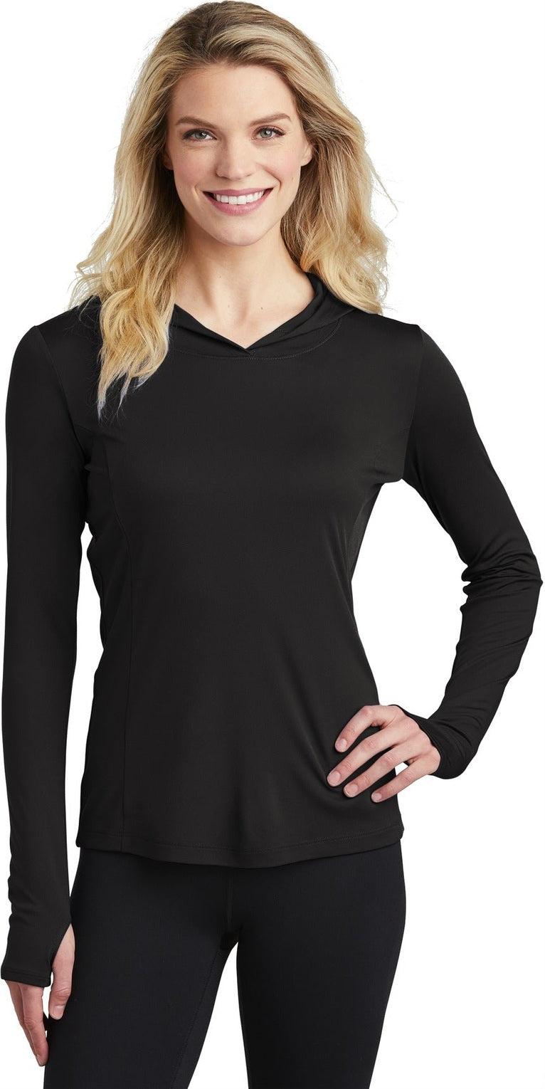 Black Sport-Tek Women's PosiCharge Competitor Hooded Pullover. LST358