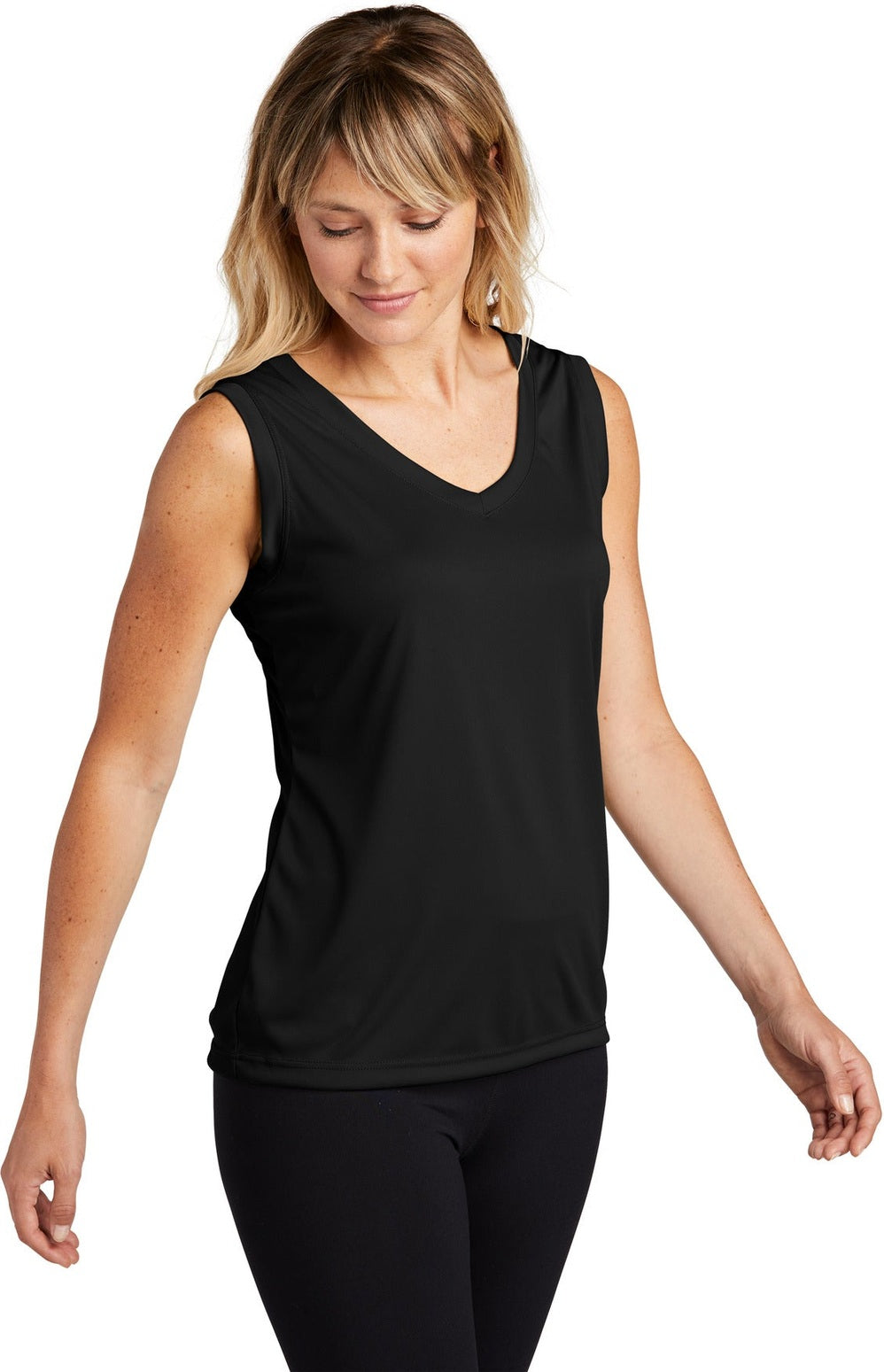 Black Sport-Tek Women's Sleeveless PosiCharge Competitor V-Neck Tee. LST352