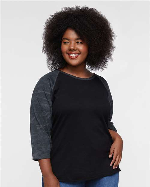 Black/ Storm Camo Women's Baseball Fine Jersey Three-Quarter Sleeve Tee - 3530