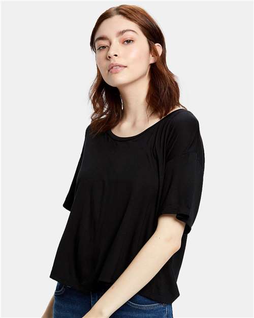 Black Women's Boxy Open Neck Tee - US309