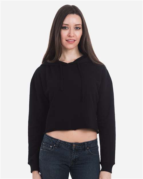 Rear View of Black Women's Cropped Fleece Hooded Sweatshirt - LS12000