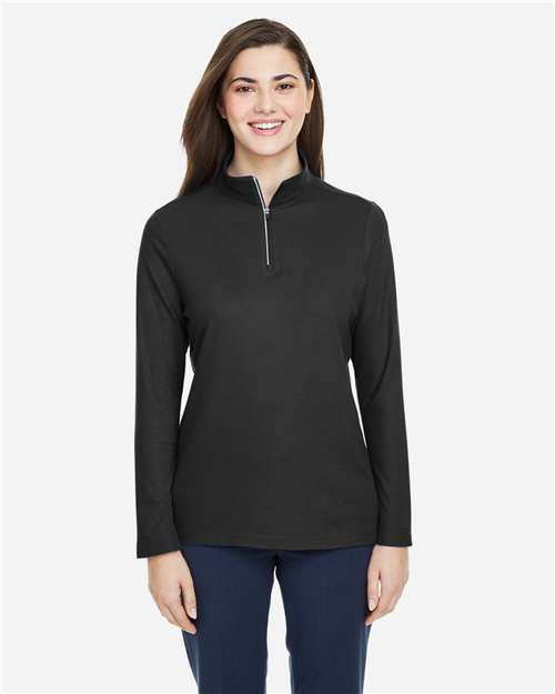 Left View of Black Women's Fusion ChromaSoft™ Pique Quarter-Zip Pullover - CE405W