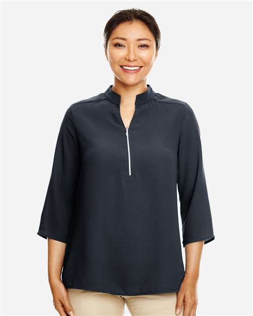 Front View of Black Women's Perfect Fit™  Three-Quarter Sleeve Crepe Tunic - DP611W