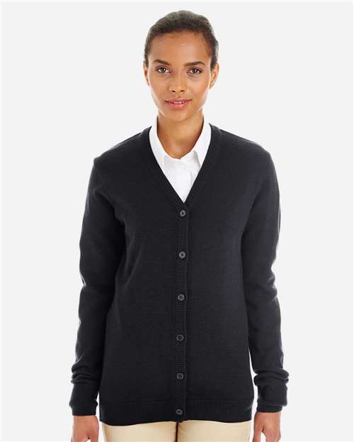 Front View of Black Women's Pilbloc V-Neck Button Cardigan Sweater - M425W