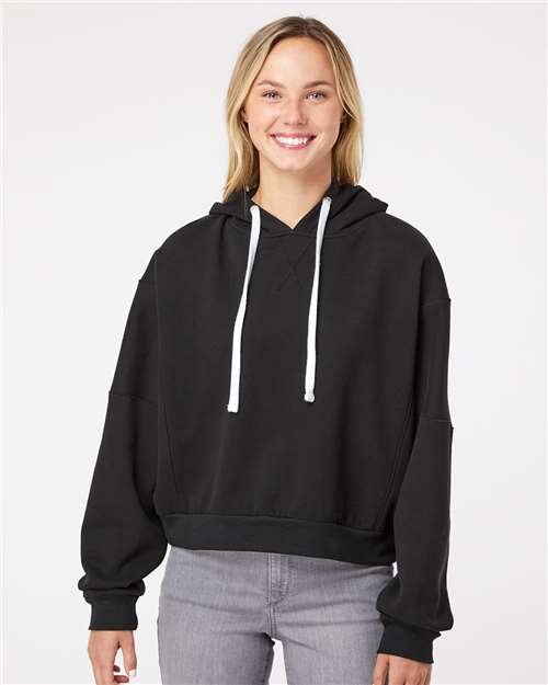 Black Women&#39;s Sueded Fleece Crop Hooded Sweatshirt - W21751