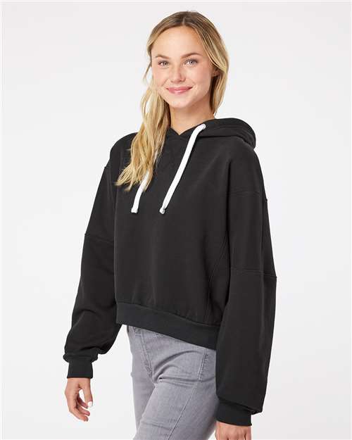 Black Women&#39;s Sueded Fleece Crop Hooded Sweatshirt - W21751