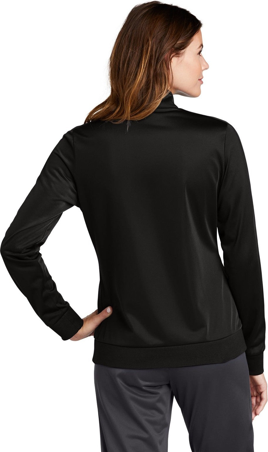 Black/Black Sport-Tek Ladies Tricot Sleeve Stripe Track Jacket. LST94