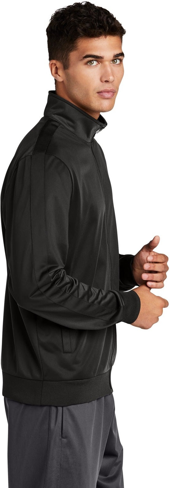Black/Black Sport-Tek Tricot Sleeve Stripe Track Jacket. JST94
