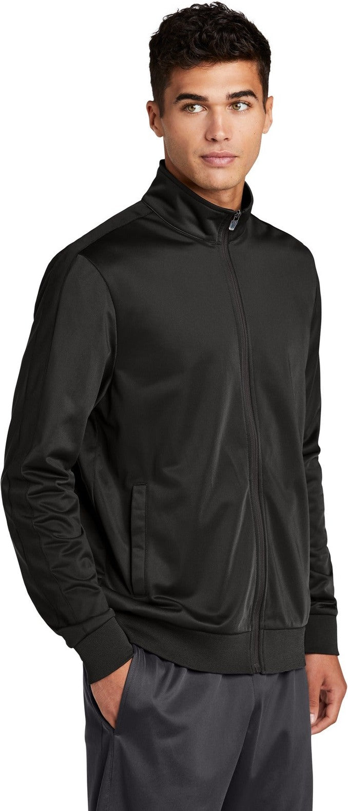 Black/Black Sport-Tek Tricot Sleeve Stripe Track Jacket. JST94