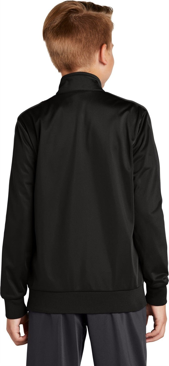 Black/Black Sport-Tek Youth Tricot Sleeve Stripe Track Jacket. YST94