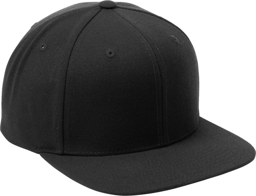 Black/Black Sport-Tek YP Classics Flat Bill Snapback Cap. STC19