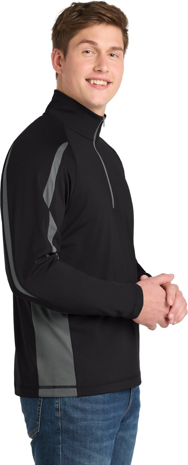 Black/Char Gry Sport-Tek Sport-Wick Stretch 1/4-Zip Colorblock Pullover. ST851