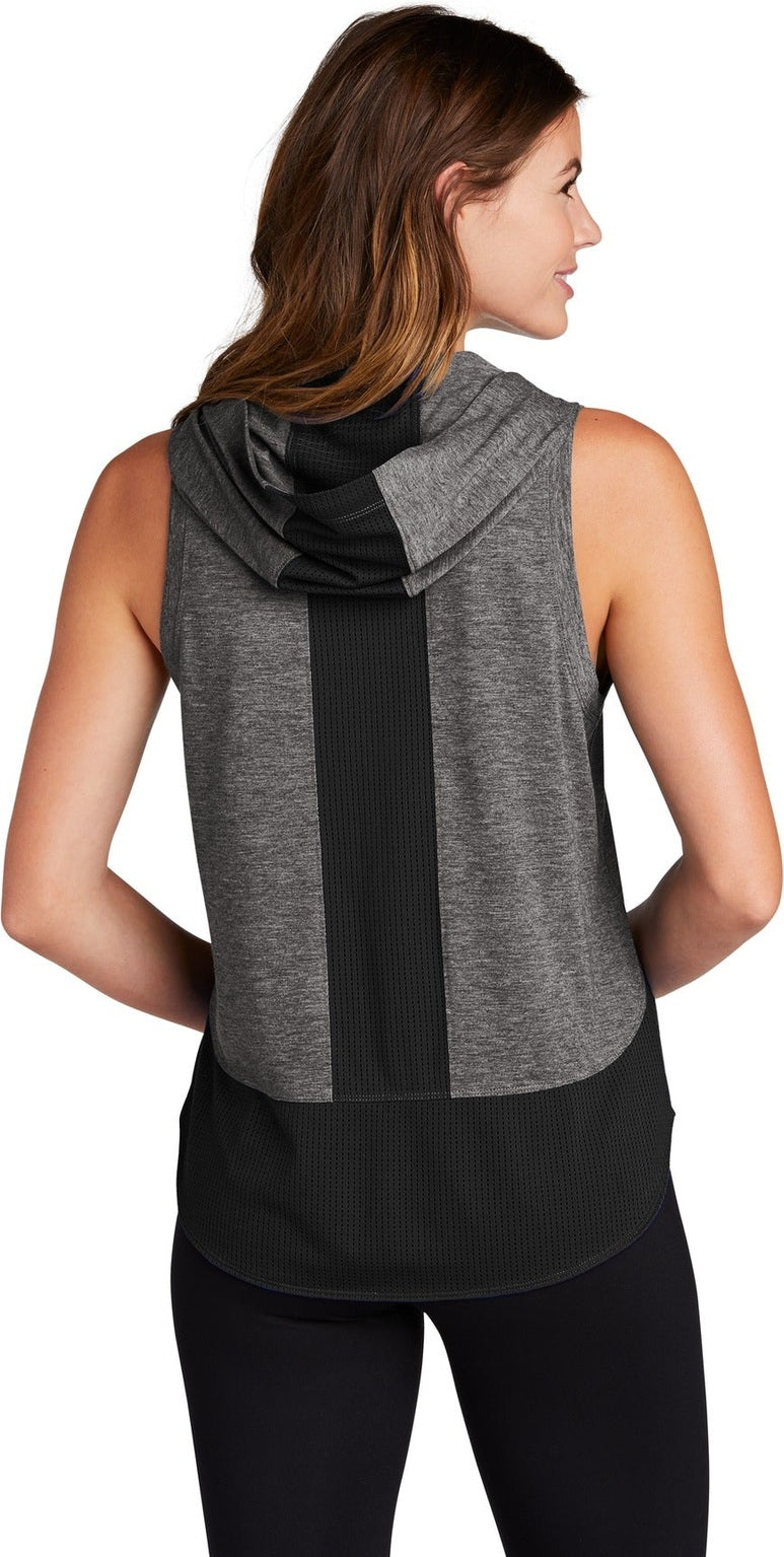 Black/Dk Gy He Sport-Tek Women's PosiCharge Tri-Blend Wicking Draft Hoodie Tank. LST410