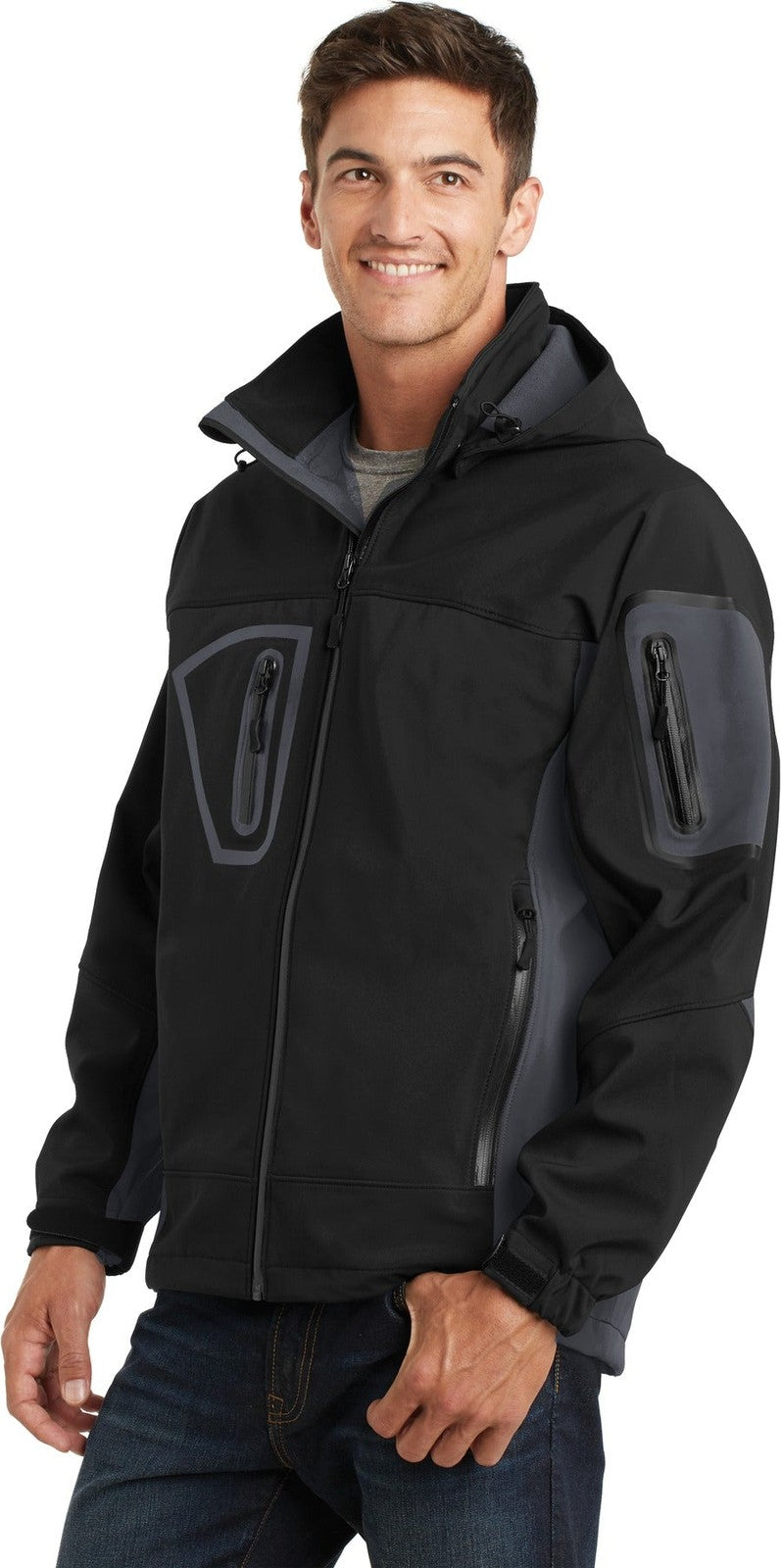 Black/Graphite Port Authority Tall Waterproof Soft Shell Jacket. TLJ798