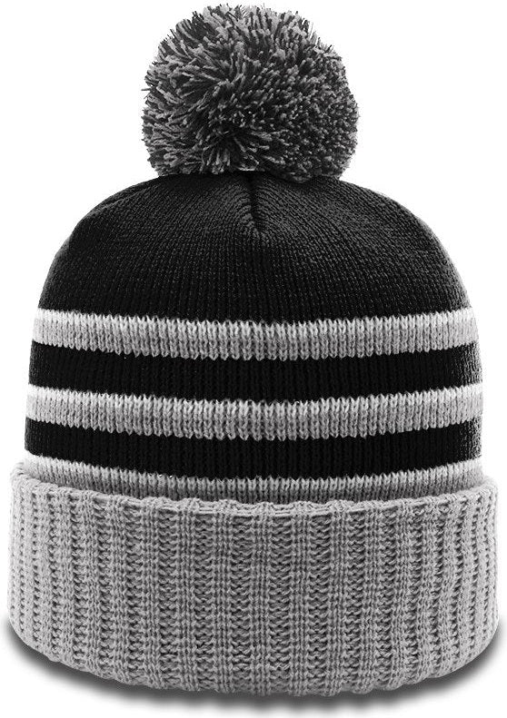 Black/Grey/White Sriped Beanie with Cuff & Pom