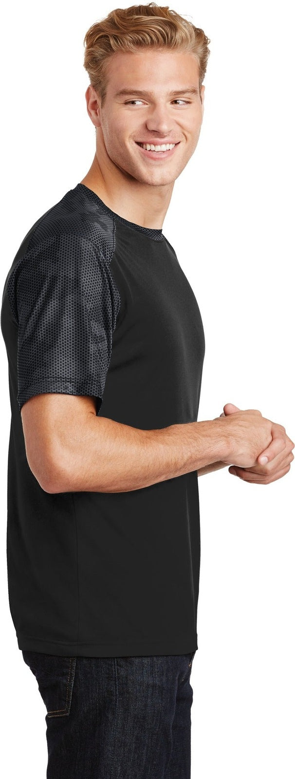 Black/Iron Gry Sport-Tek CamoHex Colorblock Tee. ST371
