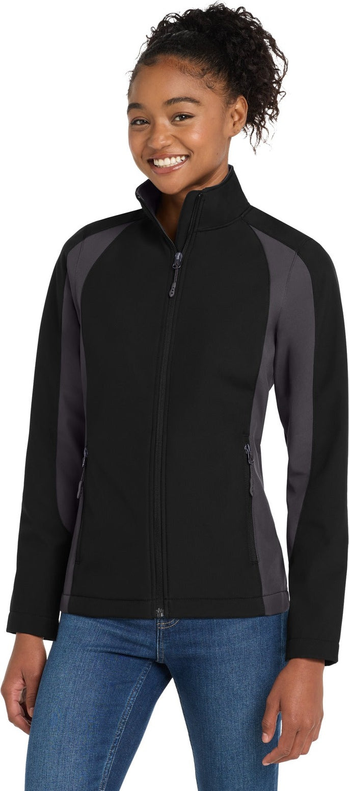 Black/Iron Gry Sport-Tek Women's Colorblock Soft Shell Jacket. LST970