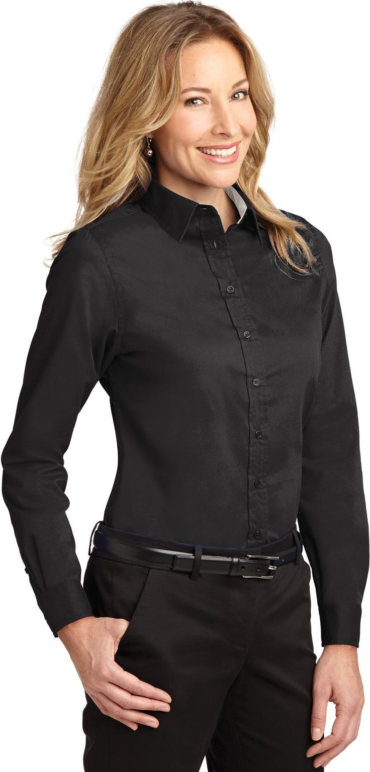 Black/Lt Stone Port Authority Women's Long Sleeve Easy Care Shirt. L608