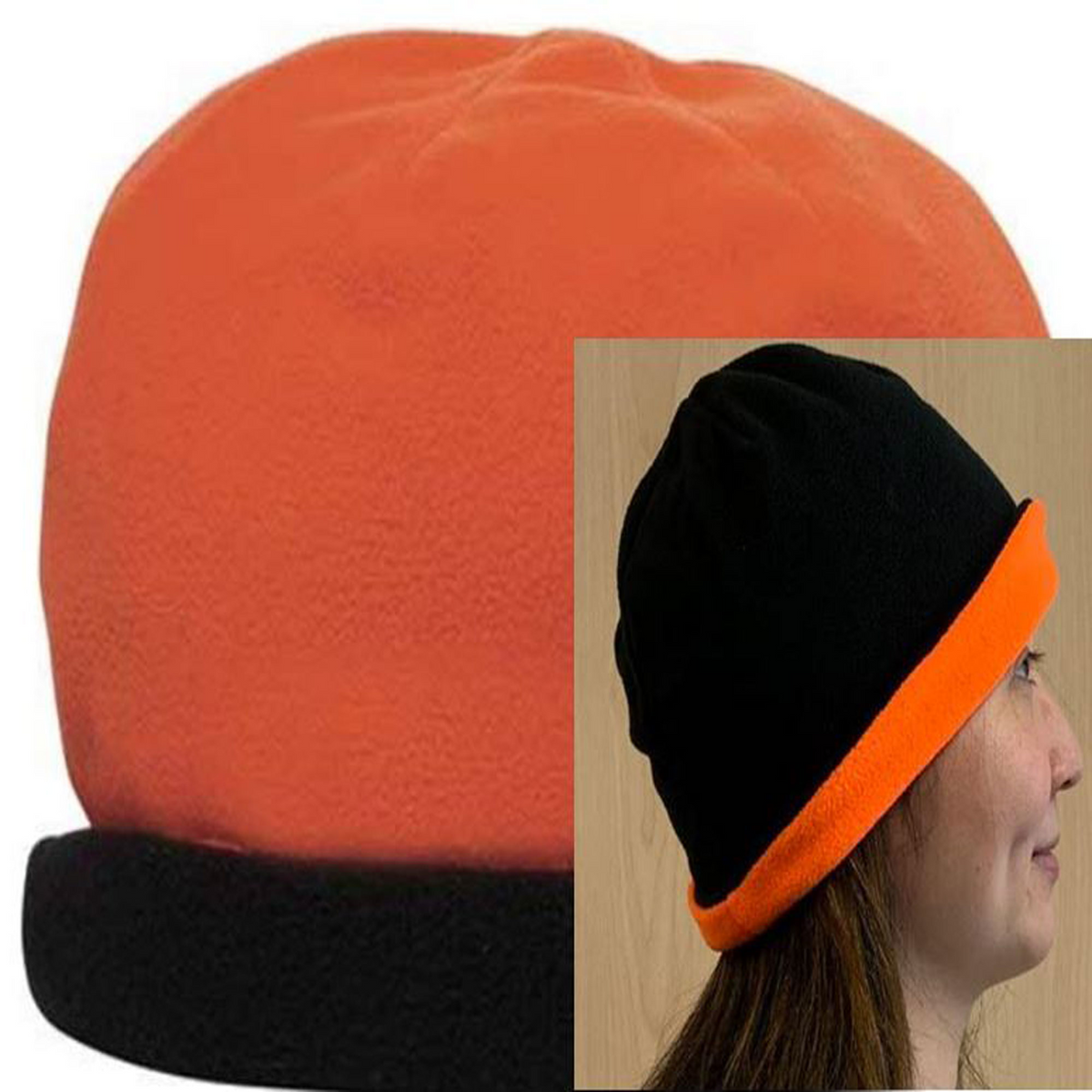 Black/Neon Orange 9" Reversible Fleece Beanie  grouped