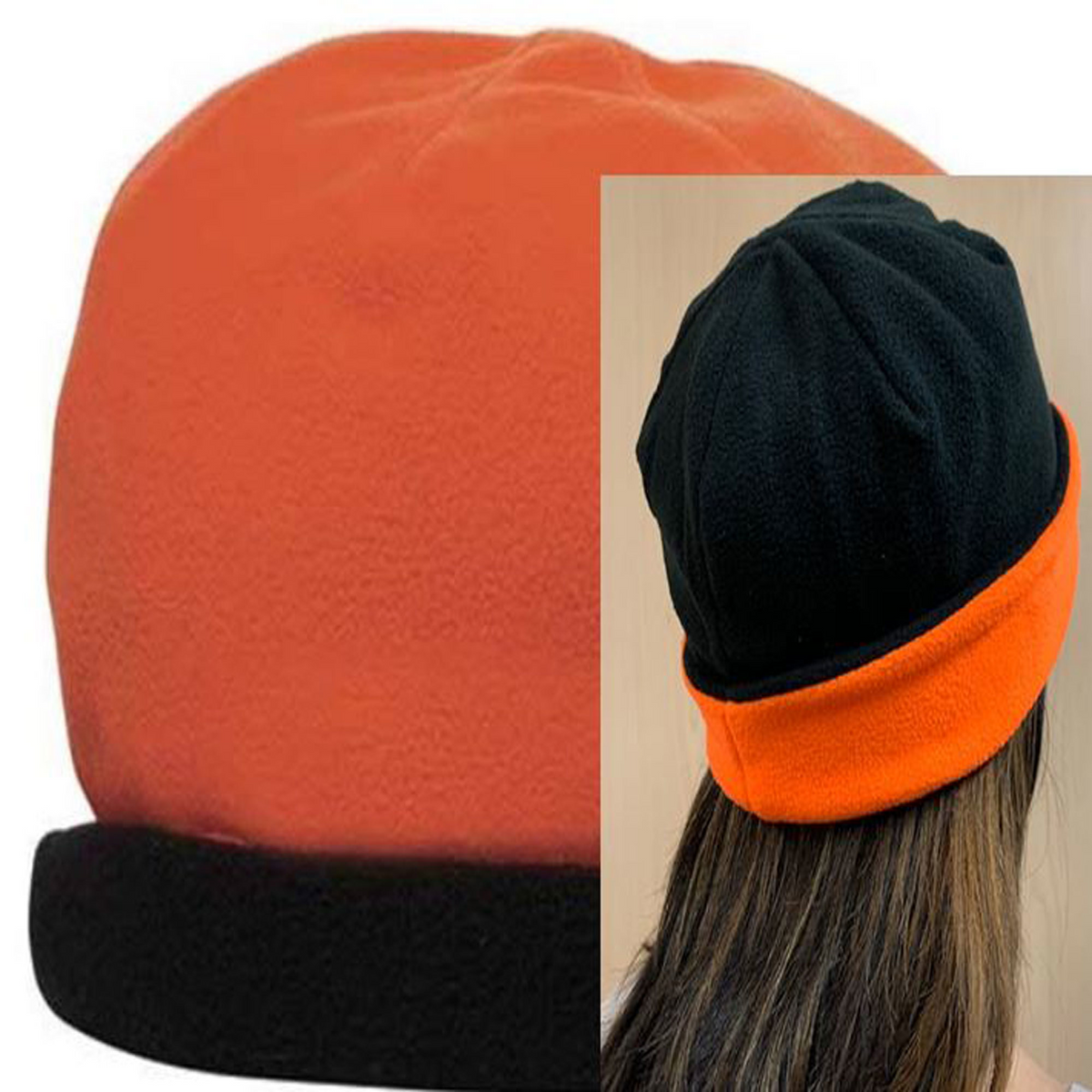 Black/Neon Orange 9" Reversible Fleece Beanie  grouped