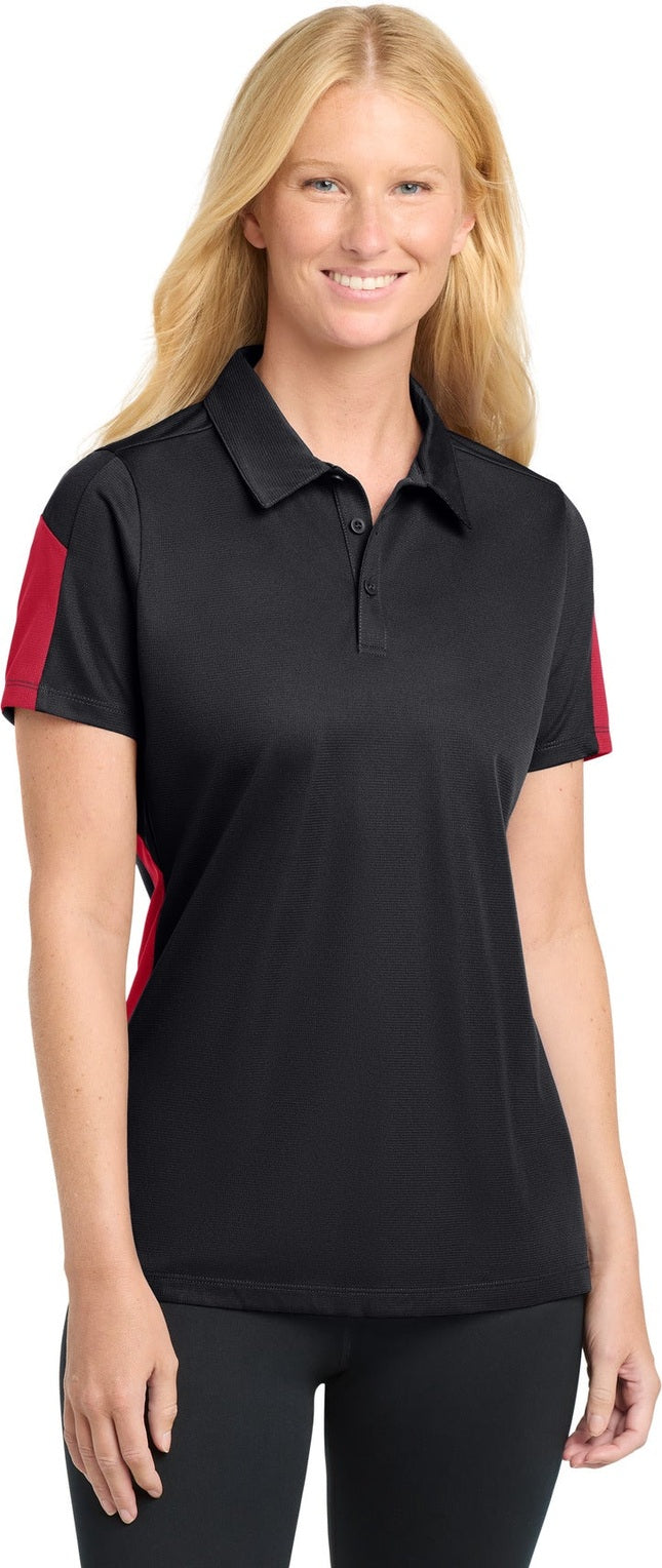 Black/Tr Red Sport-Tek Women's PosiCharge Active Textured Colorblock Polo. LST695