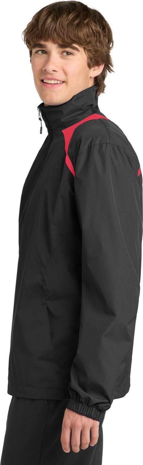 Black/True Red Sport-Tek 1/2-Zip Wind Shirt. JST75
