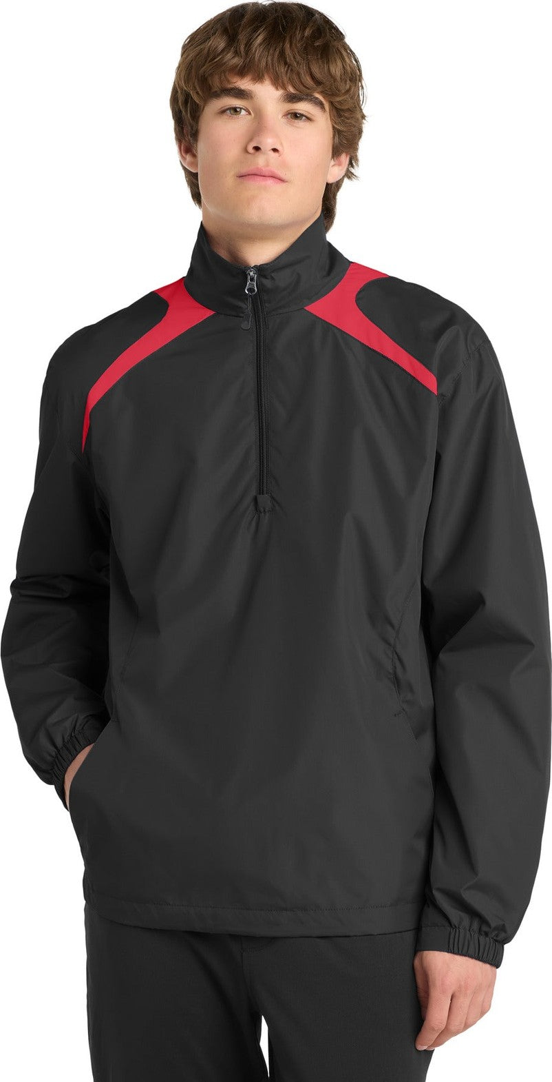 Black/True Red Sport-Tek 1/2-Zip Wind Shirt. JST75