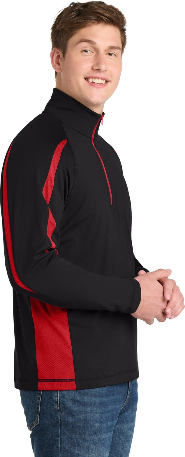 Black/True Red Sport-Tek Sport-Wick Stretch 1/4-Zip Colorblock Pullover. ST851