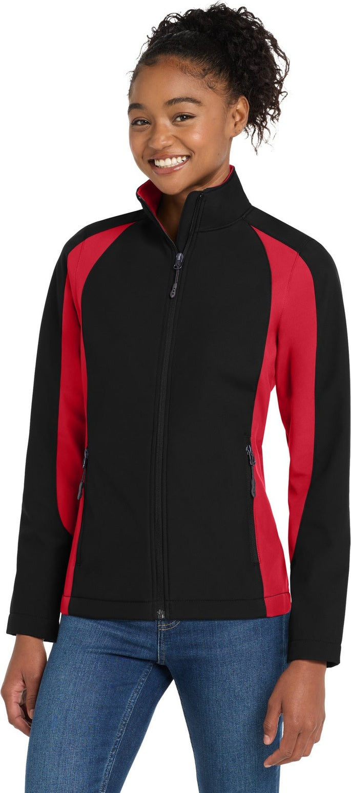 Black/True Red Sport-Tek Women's Colorblock Soft Shell Jacket. LST970