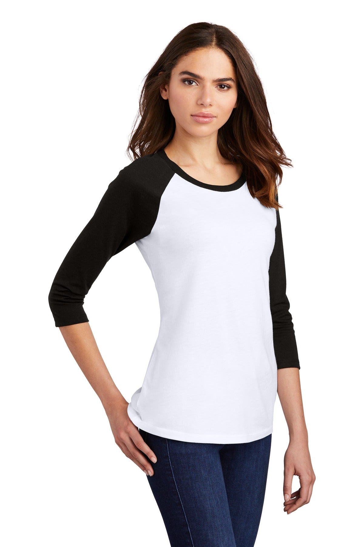 Black/White District Women's Perfect Tri 3/4-Sleeve Raglan. DM136L